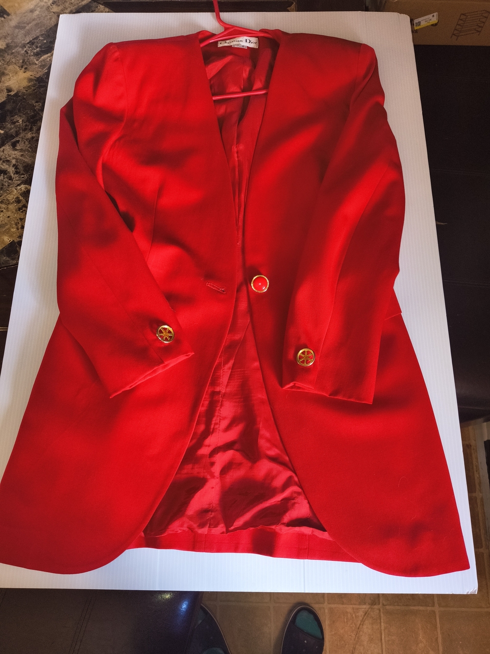 Vintage Christian Dior Red Longline Collarless Blazer Coat - Size 4 (80s/90s)